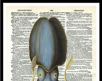 Printed Vintage Blue Octopus Art Print Poster  on Vintage Dictionary Page Reproduction  8 x 10 or 11 x 14" Unframed