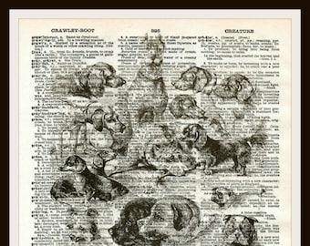 Dogs Art Print Reproduction Ephemera Dictionary Background Art Poster, Wall Decor Unframed 8 x 10" or 11 x 14"