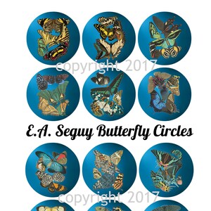 Printed Vintage Seguy  Butterflies on Blue Circles 2&quot; Collage Sheet   8.5 x 11 for Decoupage, Altered Art, Scrapbooking etc.