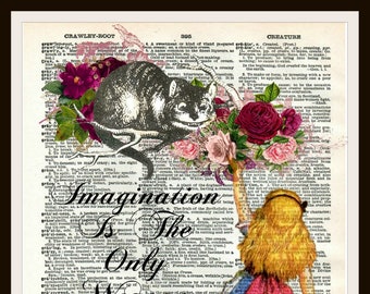 Vintage kwekerij woordenboek Art Image Wonderland Cheshire Cat verbeelding citaat, afgedrukt Wall Decor ingelijste 8 x 10" of 11 x 14"