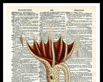 Printed Vintage  Octopus Art Print Poster  on Vintage Dictionary Page Reproduction  8 x 10 or 11 x 14" Unframed