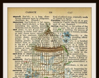 Vintage Art Print Birdcage on  Ephemera Dictionary Page ,  Print Wall Decor, 8.5 x 11"  Unframed Printed Art Image