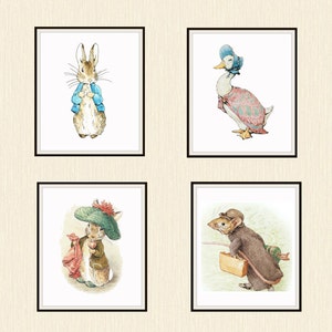 Printed Vintage Victorian Beatrix Potter Peter Rabbit and Friends Baby Nursery, Shower Gift, Baby&#39;s Room 8 x 10&quot; Set of 4 Unframed