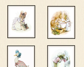 Printed Vintage Beatrix Potter Peter Rabbit and Friends Baby Nursery, Shower Gift, Baby's Room 8 x 10" or 5 x 7"  Set of 4 Unframed