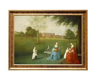 Puede incluir: Una pintura que representa una escena familiar en un jardín. Una mujer con un vestido azul toca un instrumento de cuerda mientras otra mujer con un vestido rojo se sienta con un niño pequeño. Una niña con un vestido blanco se encuentra en primer plano. Una casa grande es visible en el fondo.