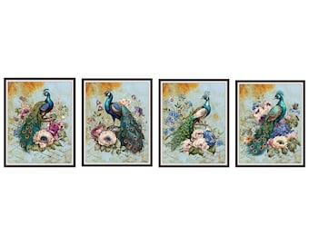 Set of 4 Peacocks on Rustic Ephemera Backgrounds  Art Prints,  Giclee  Fine Art Reproductions  8 x 10" or 11 x 14",  Unframed