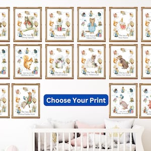 May include: A collection of framed art prints featuring illustrations from Beatrix Potter's stories. Each print showcases a different character and title, such as "The Tale of Peter Rabbit" and "The Tale of Tom Kitten." The prints are displayed above a white crib.