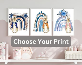 Impressions giclées d'art originales Beatrix Potter Peter Rabbit bleu arc-en-ciel bleu, sélection personnalisée sans cadre pour chambre de bébé