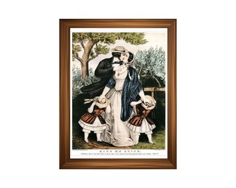 Kiss Me Quick by Currier & Ives | Vintage Victorian Romantic Art Print | 19th Century Antique Lithograph Reproduction  Giclée Print