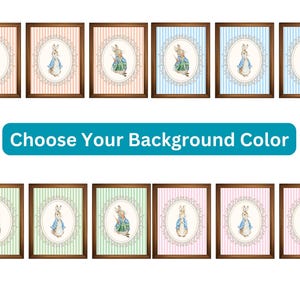 Set of 3 Printed Classic Peter Rabbit, Beatrix Potter Striped Nursery Art Giclee Prints, Choose Your Background Color 8 x 10&quot;  Unframed,