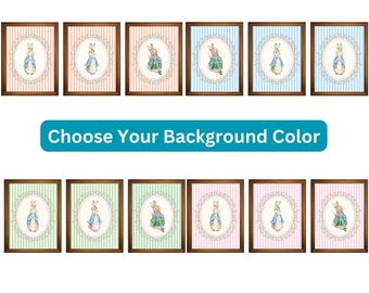 Lot de 3 impressions giclées d'art classique Peter Rabbit, Beatrix Potter rayé pour chambre d'enfant, choisissez votre couleur d'arrière-plan 20 x 25,4 cm sans cadre,