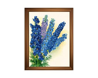Printed Vintage Larkspur Botanical Art Print – Blue Cottagecore Flower Wall Decor | Watercolor Floral Garden Illustration