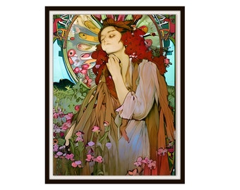 Art Illustration "Maiden with Flowers" Watercolor Original Giclee Art Print, Fine Art Reproduction  Unframed,  11 x 14",  Unframed