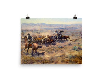 Charles Marion Russell "Roundup" Art Reproduction PosterPoster, Cowboy Art Print Posters, Western Posters,  Unframed