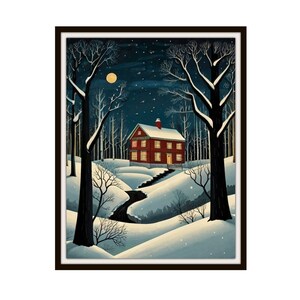 Printed Americana &quot;Colonial Winter Night&quot;, American Folk Art,  Museum Quality Giclee  Fine Art Reproduction,  Scenery Landscape, Unframed