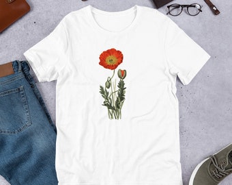 Botanico papavero a maniche corte Unisex T-Shirt, Papavero vintage, poppy T-shirt, Papavero Tee, Papaveri