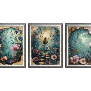 Set of 3  &quot;Alice&#39;s Garden&quot; Set 1 Wonderland Fantasy Art Prints, Museum Quality Giclee Art Reproductions  Unframed, Child&#39;s Room Wall Decor