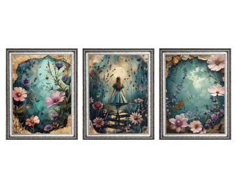 Set of 3  "Alice's Garden" Set 1 Wonderland Fantasy Art Prints, Museum Quality Giclee Art Reproductions  Unframed, Child's Room Wall Decor