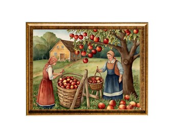 Printed Watercolor Art  Print "Autumn Apple Picking" I Art Print Reproduction I Museum Quality Giclee Art Prints, Unframed | Fall Wall Decor