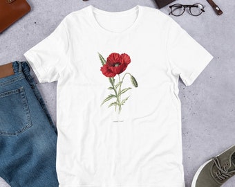 Botanico papavero fiore a maniche corte Unisex T-Shirt, papaveri, poppy design, papavero T, poppy T-shirt