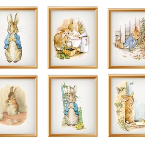 Set of 6 Beatrix Potter &quot;Bunnies&quot;  Giclee Art Print Reproductions ,  8 x 10&quot;  Nursery Prints, Bunny Art Prints, Unframed, Nursery Art
