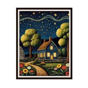 Printed Americana &quot;Colonial Summer Night&quot;, American Folk Art,  Museum Quality Giclee  Fine Art Reproduction,  Scenery Landscape, Unframed