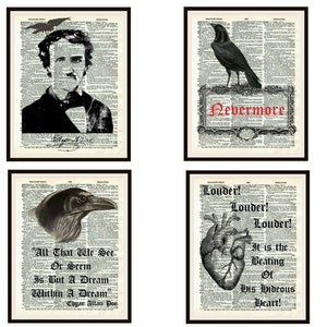 Set of 4 Edgar Allan Poe Dictionary Page Print  Posters, Print Wall Decor, Unframed, Poe, The Raven, Tell Tale Heart