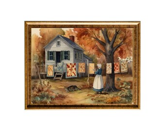 Printed Watercolor Art  Print  "Autumn Hanging the Quilts " I Art Print Reproduction I Museum Quality Giclee Art Prints, Unframed