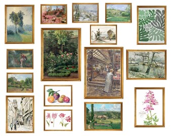 Printed: Vintage Green Botanical Gallery Wall Art Set of 16 Prints | Sage Green and Pink  Cottage Decor | Antique Nature Wall Art Collection