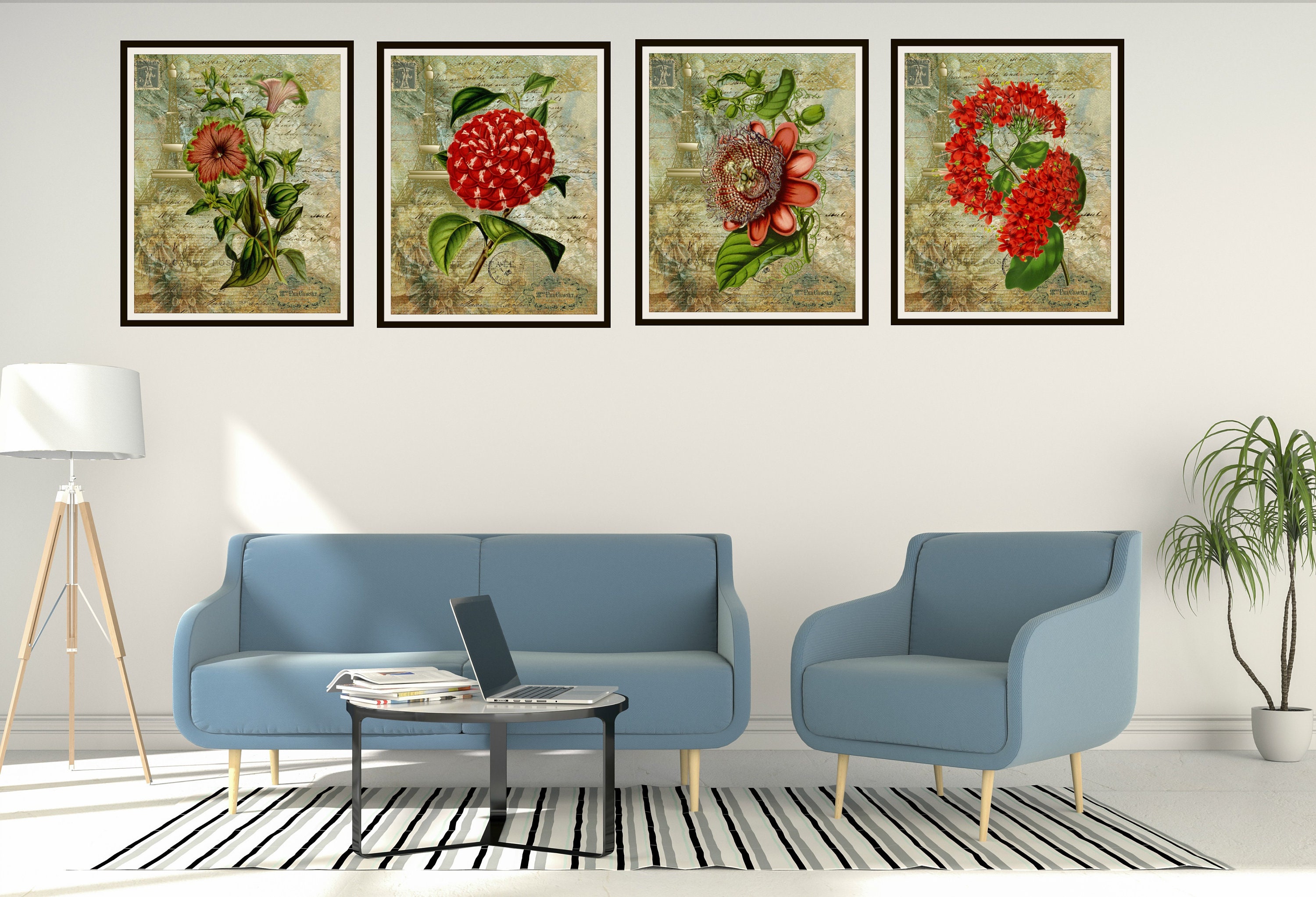 Set of 4 Vintage Botanical Art Print Poster Reproductions "red Flowers ...