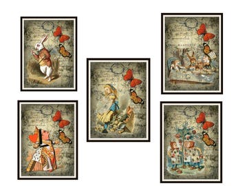 Conjunto de 5 carteles vintage nursery art print Alicia en el país de las maravillas fondo blanco, baby shower, decoración de pared sin enmarcar 8 x 10"