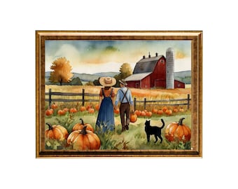 Printed Watercolor Art  Print  "Autumn Pumpkin Farm" I Art Print Reproduction I Museum Quality Giclee Art Prints, Unframed | Fall Wall Decor