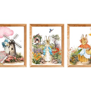 Printed, Beatrix Potter &quot;Peter Rabbit and Friends in the Garden&quot;  #1 Nursery Art Giclee Prints,  8 x 10&quot; Set of 3 Unframed, Shower Gift