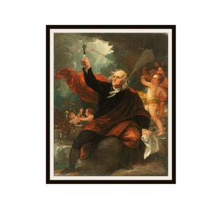 Peut inclure: Une peinture représentant Benjamin Franklin tenant une clé dans sa main droite, avec une cape rouge drapé sur ses épaules. Il est entouré de chérubins, certains tenant des instruments scientifiques. La peinture est placée sur un fond de ciel nuageux.