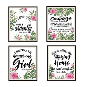 Set of  4 Jane Austen Quotes and Flowers Giclee  Fine Art Reproduction Art Prints  Unframed 5 x 7&quot; or 8 x 10&quot;