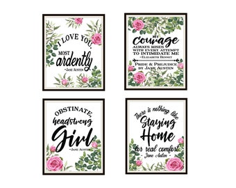 Set of  4 Jane Austen Quotes and Flowers Giclee  Fine Art Reproduction Art Prints  Unframed 5 x 7" or 8 x 10"
