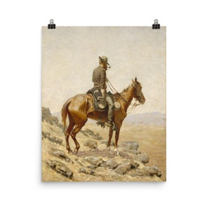 May include: A painting depicting a cowboy on horseback, riding through a desert landscape. The cowboy is wearing a hat and a long coat, and he is holding a pipe in his mouth. The horse is brown with a white mane and tail.