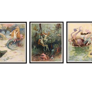 Set of 3 &quot;Mermaids&quot; by Warwick Goble Art Print Giclee Reproductions Unframed, 5 x 7&quot;, 8 x 10&quot;, 11 x 14&quot;