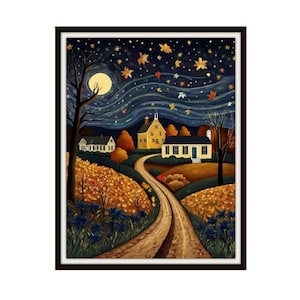 Printed Americana &quot;Colonial Autumn Night 2&quot;, American Folk Art,  Museum Quality Giclee  Fine Art Reproduction,  Scenery Landscape, Unframed