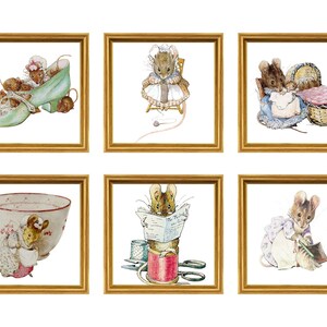 May include: Six framed illustrations of mice in various activities. The first shows a group of mice in a green shoe. The second shows a mouse sitting in a rocking chair knitting. The third shows a mouse in a crib with a basket. The fourth shows a mouse sitting in a bowl, sewing. The fifth shows a mouse reading a newspaper. The sixth shows a mouse brushing its tail.