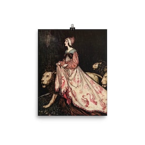 Arthur Rackham Lady and the Lions Reproduction Photo paper poster, Fairy Tale Print Poster, Vintage Art Poster, Fairy Princess Art Unframed