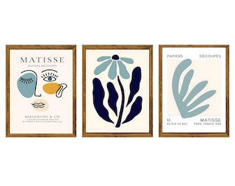 Printed: Matisse Inspired Papers Découpés Wall Art Set of 3 Modern Abstract   Prints in Neutrals & Deep Blue – Minimalist French Gallery