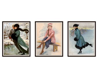 Set of 3 Vintage Winter Ice Skaters Giclee Art Print Reproductions  Prints Unframed, 5 x 7", 8 x 10" or 11 x 14"