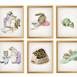 Set von 6 Beatrix Potter &quot;Katzen und Mäuse&quot; Giclee Art Print Reproduktionen, 20 x 10&quot; Kinderzimmer Drucke, Bunny Art Prints, ungerahmt, Kinderzimmer Art