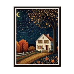 Printed Americana &quot;Colonial Autumn Night&quot;, American Folk Art,  Museum Quality Giclee  Fine Art Reproduction,  Scenery Landscape, Unframed