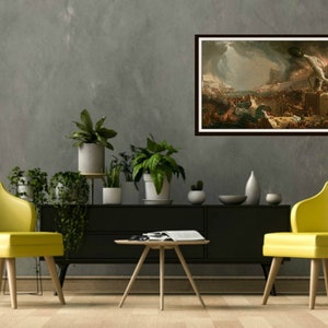 May include: A framed painting depicting a dramatic scene of a city under attack. The painting is set against a stormy sky with dark clouds and lightning. The city is in ruins, with buildings on fire and people fleeing in panic. A large figure in the foreground appears to be lifting a large rock.