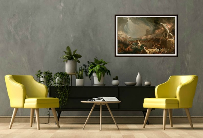 May include: A framed painting depicting a dramatic scene of a city under attack. The painting is set against a stormy sky with dark clouds and lightning. The city is in ruins, with buildings on fire and people fleeing in panic. A large figure in the foreground appears to be lifting a large rock.