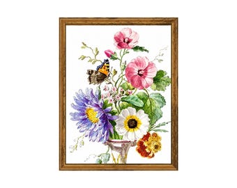 Vintage Botanical Bouquet Art Print | Butterfly Garden Bouquet | Floral Wall Art , Cottagecore Giclée Print