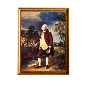 Może przedstawiać: Olejny obraz w ramie przedstawiający mężczyznę w brązowym płaszczu i żółtej kamizelce, stojącego w krajobrazie z laską. Mężczyzna ma białe włosy i białą muszkę. Obraz jest umieszczony na tle pochmurnego nieba.