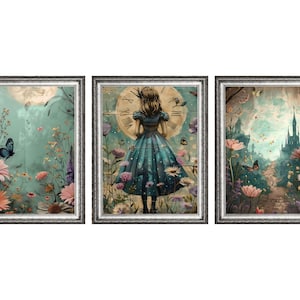 Set of 3  &quot;Alice&#39;s Garden&quot; Set 2 Wonderland Fantasy Art Prints, Museum Quality Giclee Art Reproductions  Unframed, Child&#39;s Room Wall Decor